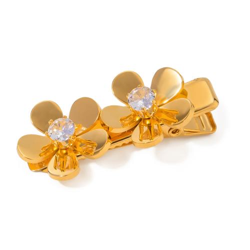 Alligator Hair Clip, 304 Stainless Steel, Flower, for woman & with rhinestone, gold 