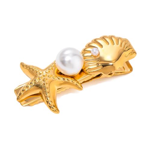 Alligator Hair Clip, 304 Stainless Steel, with Plastic Pearl, for woman, gold 