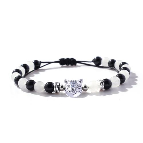 Glass Pearl Zinc Alloy Bracelets, with Korean Waxed Cord & Glass Beads & Copper Coated Plastic, handmade, for woman, white and black 