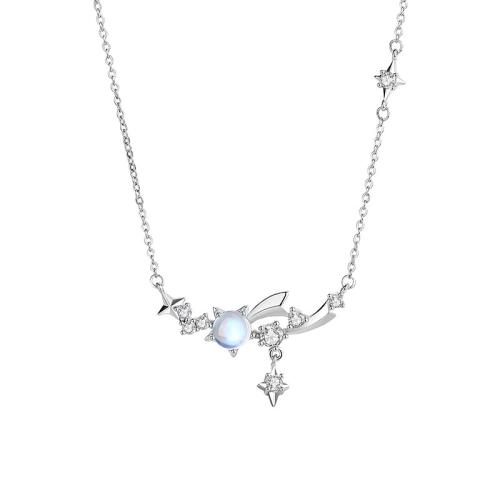 925 Sterling Silver Necklace, with Glass, with 2inch extender chain, platinum plated, oval chain & micro pave cubic zirconia & for woman Approx 15.7 Inch 