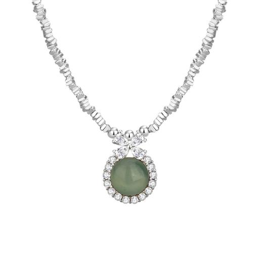 925 Sterling Silver Necklace, with Jadeite, with 2inch extender chain, micro pave cubic zirconia & for woman, silver color Approx 15 Inch 