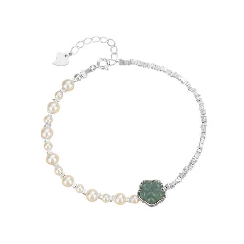 925 Sterling Silver Bracelet, with Jadeite & Glass Pearl, with 1.2inch extender chain, Flower, micro pave cubic zirconia & for woman, silver color Approx 6.3 Inch 