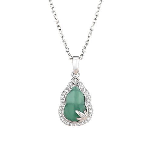 925 Sterling Silver Necklace, with Jadeite, with 2inch extender chain, Calabash, platinum plated, oval chain & micro pave cubic zirconia & for woman Approx 15.7 Inch 