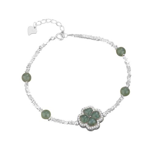 925 Sterling Silver Bracelet, with Jadeite, with 1.2inch extender chain, Four Leaf Clover, micro pave cubic zirconia & for woman, silver color Approx 6.3 Inch 