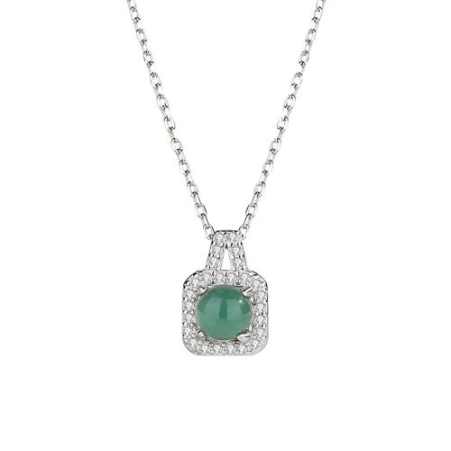 925 Sterling Silver Necklace, with Jadeite, with 2inch extender chain, Square, platinum plated, oval chain & micro pave cubic zirconia & for woman Approx 15.7 Inch 