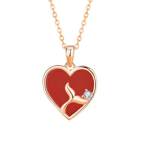 925 Sterling Silver Necklace, with Red Agate, with 2inch extender chain, Heart, rose gold color plated, oval chain & micro pave cubic zirconia & for woman Approx 15.7 Inch 