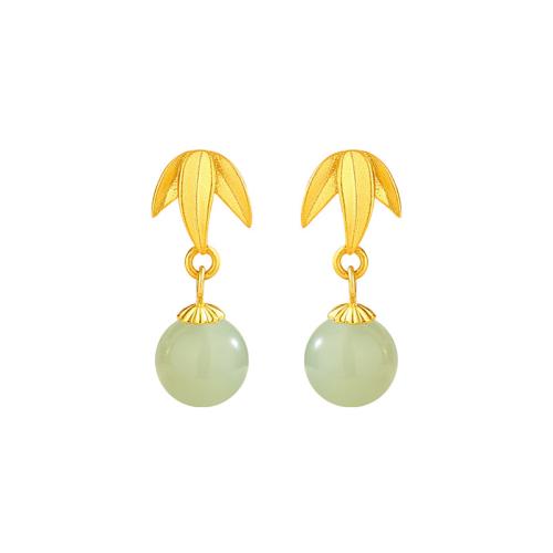 925 Sterling Silver Drop Earring, with Hetian Jade, Leaf, gold color plated, vintage & for woman 