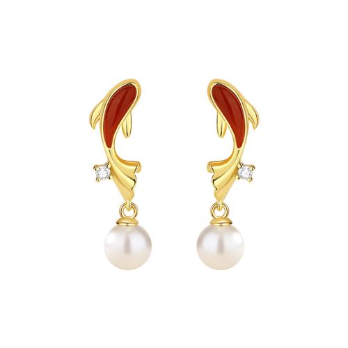 Plata de ley 925 Pendientes con Colgantes, con Shell Pearl & Ágata roja, Pez, chapado en color dorado, micro arcilla de zirconia cúbica & para mujer, 6.8x26.5mm, Vendido por Par