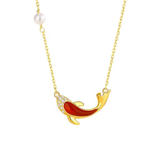 925 Sterling Silver Necklace, with Red Agate & Glass Pearl, with 2inch extender chain, Fish, gold color plated, oval chain & micro pave cubic zirconia & for woman Approx 15.7 Inch 