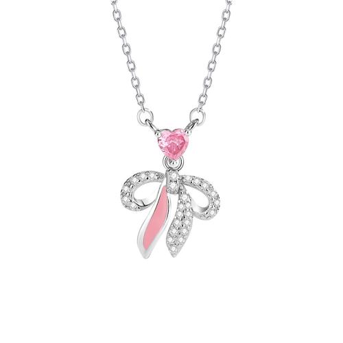 925 Sterling Silver Necklace, with 2inch extender chain, Bowknot, platinum plated, oval chain & micro pave cubic zirconia & for woman Approx 15.7 Inch 