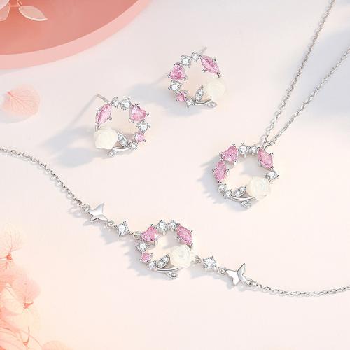 925 Sterling Silver Jewelry Set, with White Shell, platinum plated & micro pave cubic zirconia & for woman 