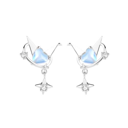 Plata de ley 925 Pendientes con Colgantes, con Vidrio, Mil grullas de Origami, chapado en platina real, micro arcilla de zirconia cúbica & para mujer, 11.2x17.5mm, Vendido por Par