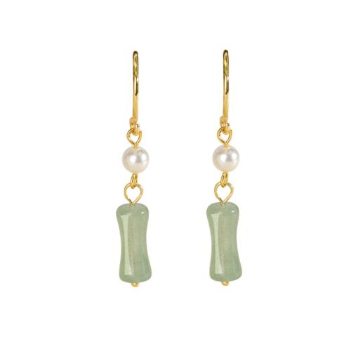 925 Sterling Silver Drop Earring, with Green Aventurine & Glass Pearl, gold color plated, fashion jewelry & for woman 