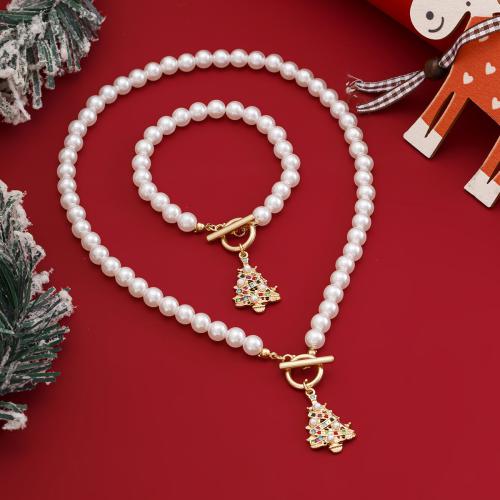 Fashion Zinc Alloy Jewelry Sets, bracelet & necklace, with Plastic Pearl, 2 pieces & Christmas Design & fashion jewelry & for woman, golden cm, 17 cm 