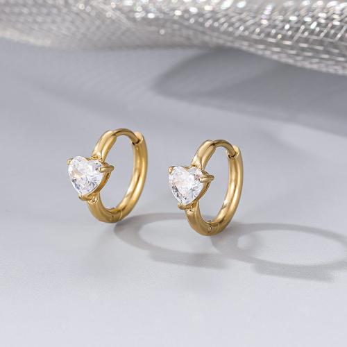 Boucles d'oreilles en acier titane, bijoux de mode & pavé de micro zircon & pour femme, doré, 15mm, Vendu par paire