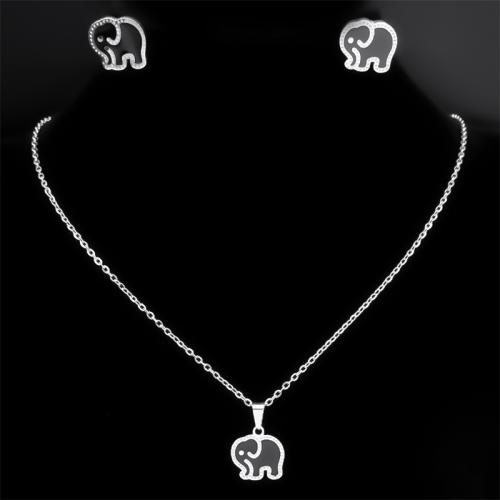 Enamel Stainless Steel Jewelry Sets, 304 Stainless Steel, Stud Earring & necklace, Elephant, 2 pieces & Unisex silver color Approx 50 cm 