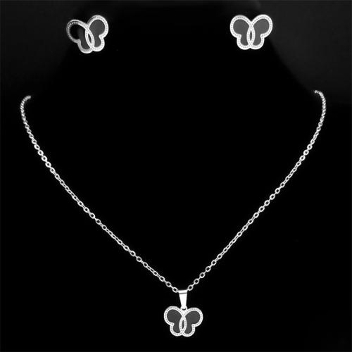 Enamel Stainless Steel Jewelry Sets, 304 Stainless Steel, Stud Earring & necklace, 2 pieces & Unisex silver color Approx 50 cm 