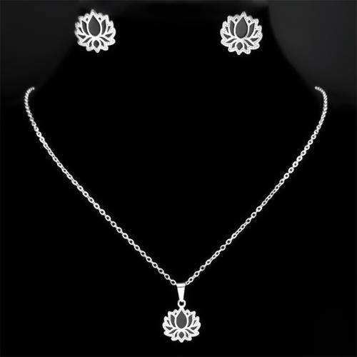 Ensembles de bijoux en acier inoxydable émaillé, Acier inoxydable 304, Boucle d’oreille stud & collier, 2 pièces & styles différents pour le choix & pour femme, argent Environ 50 cm, Vendu par fixé[