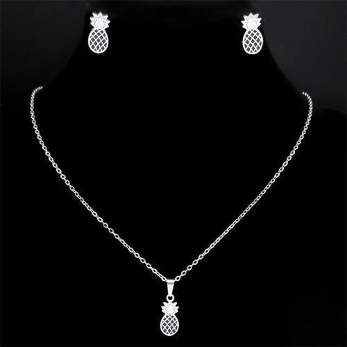 Fashion Stainless Steel Jewelry Sets, 304 Stainless Steel, Stud Earring & necklace, Pineapple, 2 pieces & fashion jewelry & for woman, silver color Approx 50 cm 