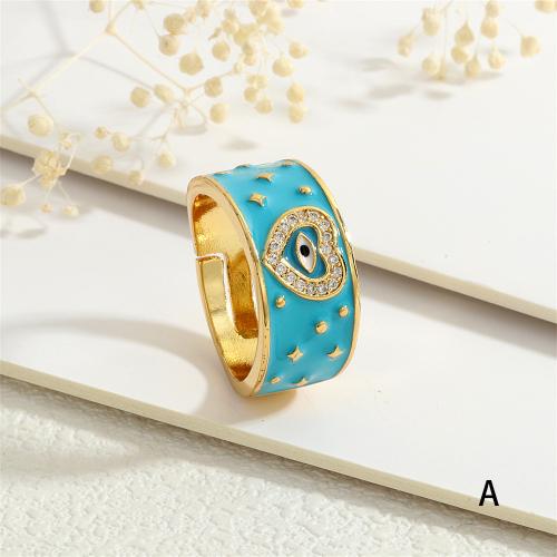 Evil Eye Jewelry Finger Ring, Brass, gold color plated, evil eye pattern & micro pave cubic zirconia & for woman & enamel 