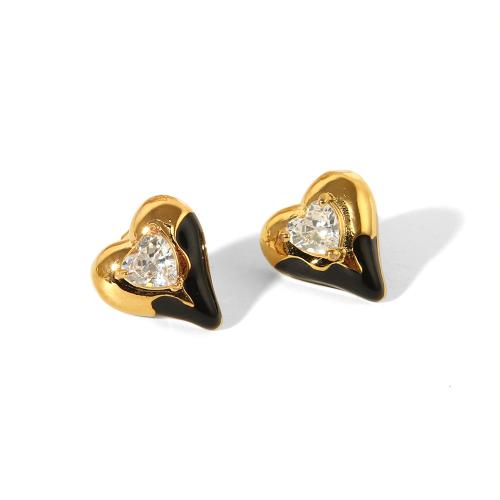 Titanium Steel Stud Earring, gold color plated, fashion jewelry & micro pave cubic zirconia & enamel, golden 