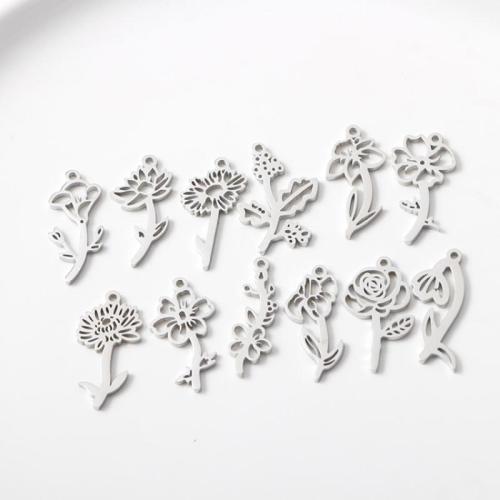 Stainless Steel Flower Pendant, 304 Stainless Steel, polished, 12 pieces & DIY & hollow 