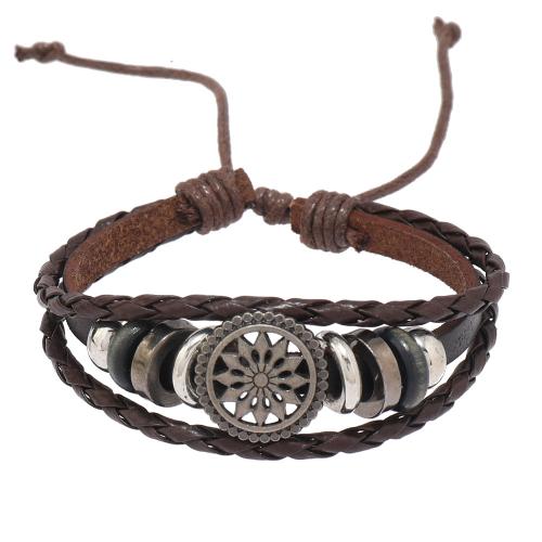 Cowhide Bracelets, Split Layer Cowhide Leather, with PU Leather & Wax Cord & Copper Coated Plastic & Zinc Alloy, with 8-9cm extender chain, handmade, three layers & fashion jewelry & for man, dark brown Approx 17-18 cm [