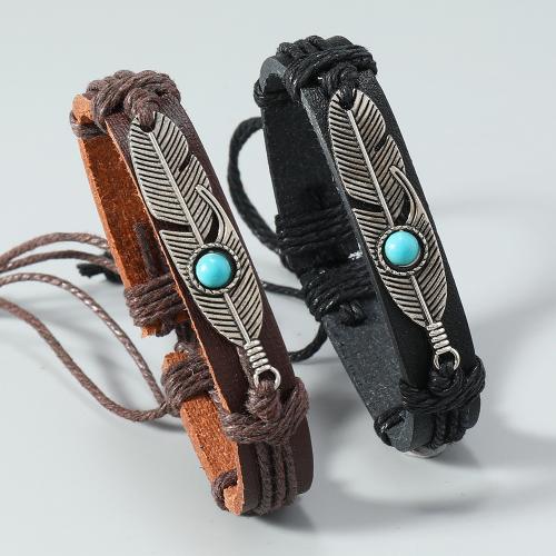 PU Leather Cord Bracelets, Zinc Alloy, with turquoise & Linen & PU Leather, plated, Unisex 