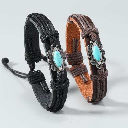 PU Leather Cord Bracelets, Zinc Alloy, with turquoise & Linen & PU Leather, plated, Unisex 