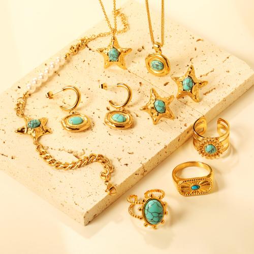 Fashion Stainless Steel Jewelry Sets, 304 Stainless Steel, with turquoise, fashion jewelry & for woman, golden 