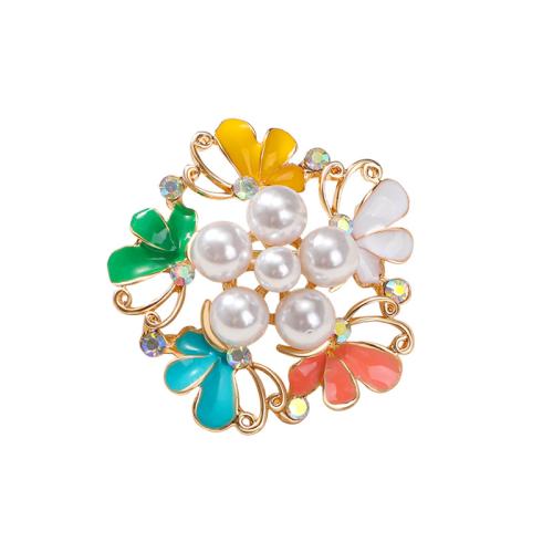 Zinc Alloy Jewelry Brooch, with Plastic Pearl, for woman & enamel & with rhinestone 