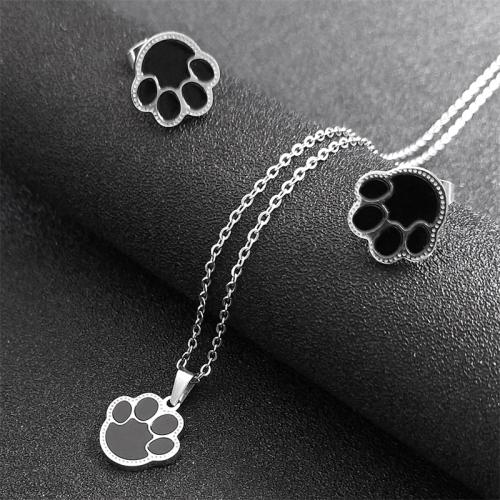 Ensembles de bijoux en acier inoxydable émaillé, Acier inoxydable 304, Boucle d’oreille stud & collier, 2 pièces & styles différents pour le choix & pour femme, argent Environ 50 cm, Vendu par fixé[