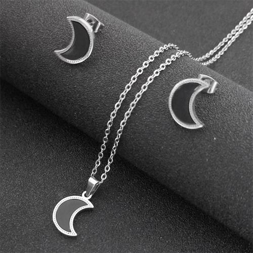 Enamel Stainless Steel Jewelry Sets, 304 Stainless Steel, Stud Earring & necklace, Moon, 2 pieces & for woman, silver color Approx 50 cm 