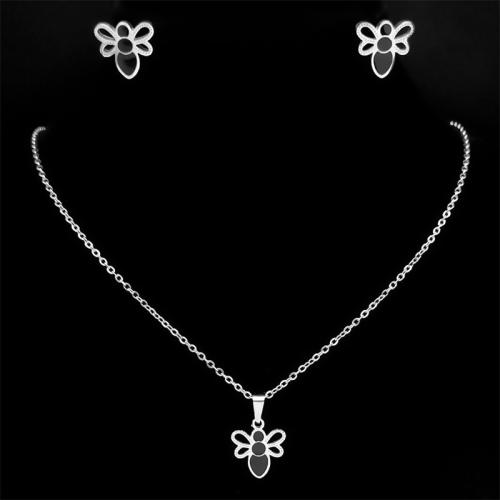 Enamel Stainless Steel Jewelry Sets, 304 Stainless Steel, Stud Earring & necklace, Bee, 2 pieces & for woman, silver color Approx 50 cm 