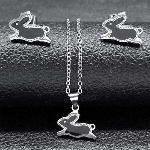 Enamel Stainless Steel Jewelry Sets, 304 Stainless Steel, Stud Earring & necklace, Rabbit, 2 pieces & for woman, silver color Approx 50 cm 