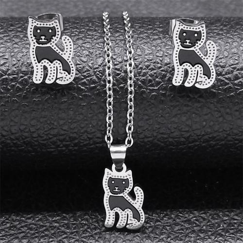 Enamel Stainless Steel Jewelry Sets, 304 Stainless Steel, Stud Earring & sweater chain necklace, Cat, 2 pieces & for woman, silver color Approx 50 cm 