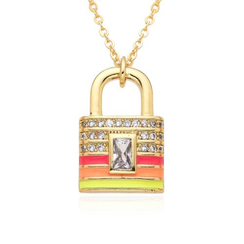 Cubic Zircon Micro Pave Brass Necklace, Lock, gold color plated, micro pave cubic zirconia & for woman & enamel 