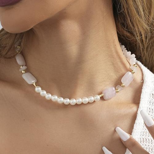 Plastic Pearl Necklace, Natural Stone, with Plastic Pearl & Iron, with 7cm extender chain, fashion jewelry, pink cm 