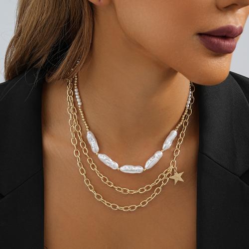 Plastic Pearl Necklace, Zinc Alloy, with Plastic Pearl, with 7cm extender chain, gold color plated, fashion jewelry & multilayer, golden cm 