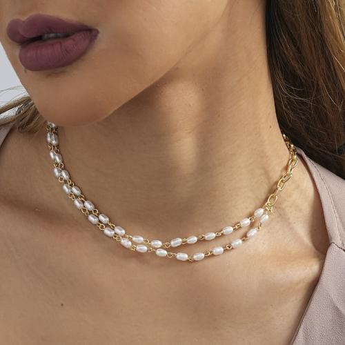 Collier de perles en plastique, alliage de zinc, avec perle de plastique, Placage de couleur d'or, bijoux de mode, doré, Vendu par PC