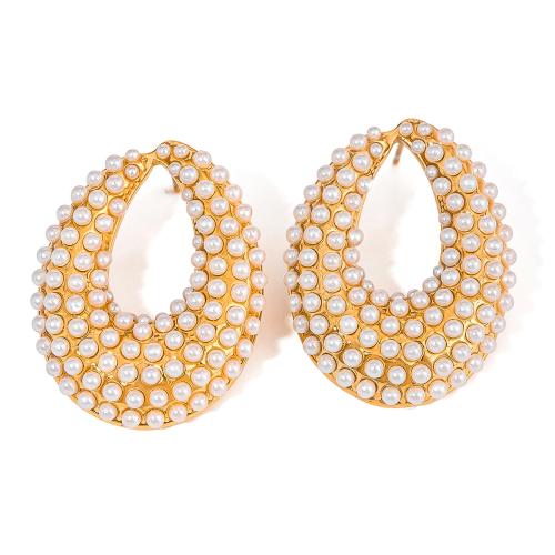 Stainless Steel Stud Earring, 304 Stainless Steel, with Plastic Pearl, gold color plated, fashion jewelry & for woman & hollow 