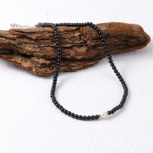 Collier de perles d'eau douce , pierre noire, avec perle d'eau douce cultivée & Acier inoxydable 304, avec 5cm chaînes de rallonge, bijoux de mode & pour femme, noire cm, Vendu par PC