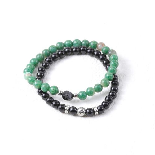 Gemstone Bracelets, 304 Stainless Steel, with Jade & Elastic Thread & Agate, polished, 2 pieces & fashion jewelry & for man, mixed colors Approx 19 cm 