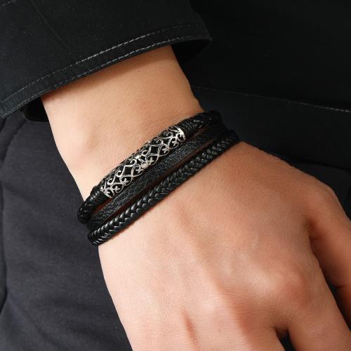 bracelet de cordon en PU , alliage de zinc, avec Aimant & cuir PU, Placage de couleur argentée, trois couches & pour homme, Vendu par PC