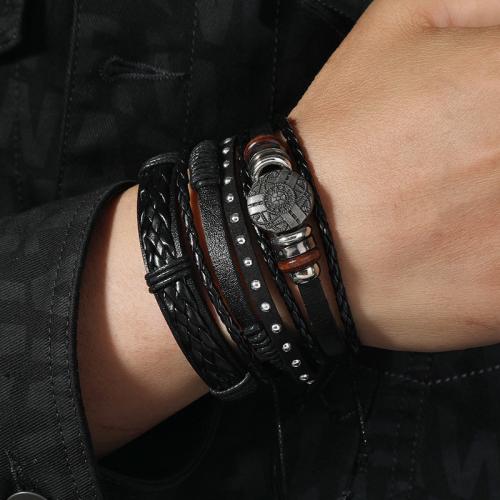 PU Leather Cord Bracelets, Zinc Alloy, with PU Leather & Wax Cord & Wood, plated, multilayer & for man 