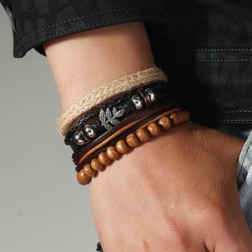 PU Leather Cord Bracelets, Zinc Alloy, with PU Leather & Wax Cord & Wood, plated, multilayer & DIY & for man, mixed colors 