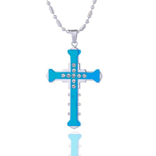 Acier titane collier, avec Pendentif en alliage de zinc, croix, Placage, pour homme & avec strass, plus de couleurs à choisir Environ 23.6 pouce, Vendu par PC