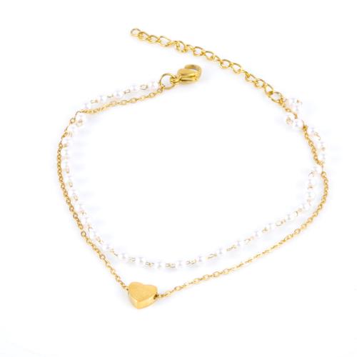 Stainless Steel Anklets Jewelry, 304 Stainless Steel, with Plastic Pearl, with 5cm extender chain, Heart, Double Layer & fashion jewelry & for woman, golden Approx 21 cm 