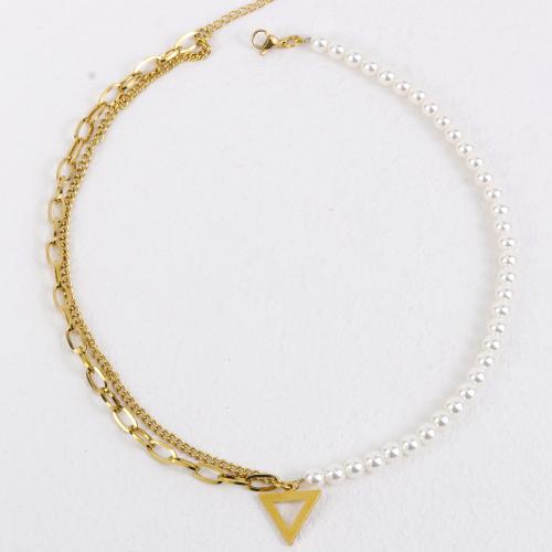 Edelstahl Schmuck Halskette, 304 Edelstahl, mit Kunststoff Perlen, mit Verlängerungskettchen von 5cm, Dreieck, Modeschmuck & unisex, goldfarben, Länge:ca. 43 cm, verkauft von PC