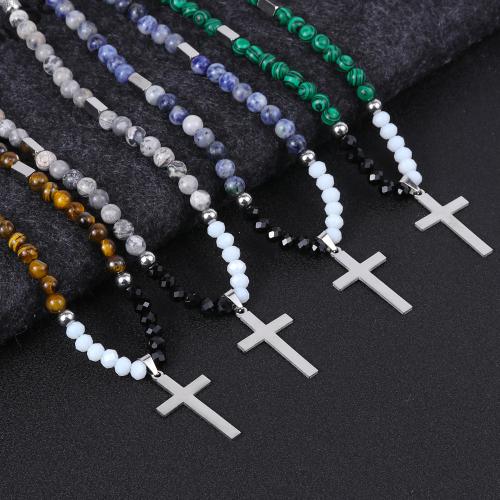 Gemstone Necklaces, 304 Stainless Steel, with Gemstone, Cross, fashion jewelry & for man Approx 50 cm 